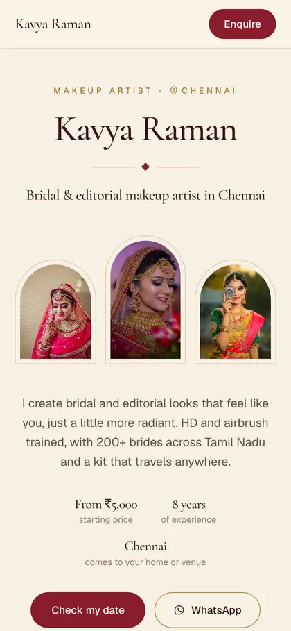 A sample bridal makeup artist's site on Showbook, on a phone