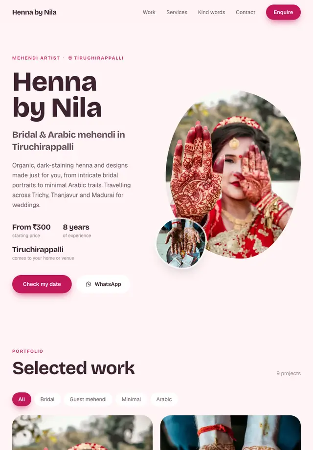 A sample mehendi artist's site on Showbook, on a tablet